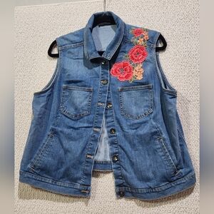 Susan Graver Stretch Denim Vest Floral‎ Embroidered Women's Large Boho Western